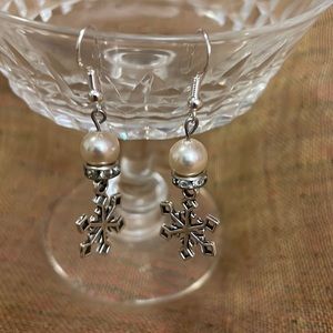 2/25 Handmade Snowflake Earrings Upcycled Real Pearls & Sterling Silver Hooks